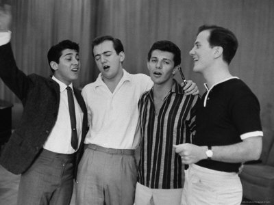 Teen Singers Paul Anka, Bobby Darin, Frankie Avalon And Pat Boone Casually Singing Together by Peter Stackpole Pricing Limited Edition Print image