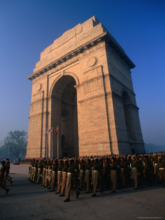 Soldiers Marching By India Gate Rehearsing For 50Th Anniversary Of Independence, Delhi, India by Chris Mellor Pricing Limited Edition Print image