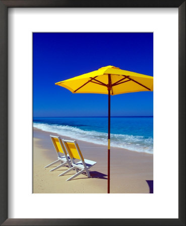 Yellow Chairs And Umbrella On Pristine Beach, Caribbean by Greg Johnston Pricing Limited Edition Print image