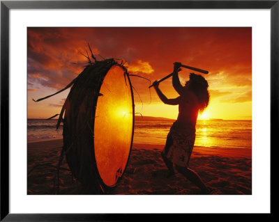 Native Hawaiian Man Beats His Drum On Makena Beach At Sunset by Mark Cosslett Pricing Limited Edition Print image
