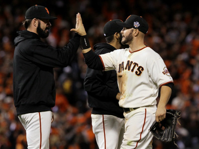 Texas Rangers V San Francisco Giants, Game 2: Brian Wilson, Cody Ross by Justin Sullivan Pricing Limited Edition Print image