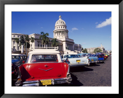 Street Scene Of Taxis Parked Near The Capitolio Building In Central Havana, Cuba, West Indies by Mark Mawson Pricing Limited Edition Print image