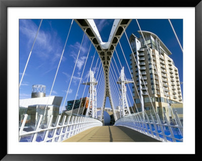 View Along Pedestrian Suspension Bridge At Salford Quays, Salford, Manchester, England by Lee Frost Pricing Limited Edition Print image