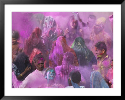 People Throwing Color Powder And Water On Street, Holy Festival, Barsana, India by Keren Su Pricing Limited Edition Print image