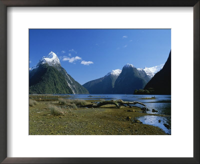 Mitre Peak On Milford Sound With Driftwood On The Shore In Foreground by Todd Gipstein Pricing Limited Edition Print image