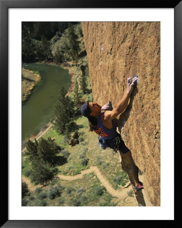 Climber On Smith Rock Above The Crooked River by Mark Cosslett Pricing Limited Edition Print image