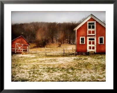 Red Farmhouse And Barn In Snowy Field by Robert Cattan Pricing Limited Edition Print image