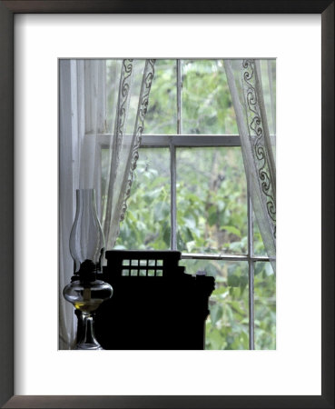Oil Lamp, Table, And Lace Curtains In Mining Ghost Town, Nevada City, Montana, Usa by John & Lisa Merrill Pricing Limited Edition Print image