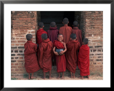 Young Monks In Red Robes With Alms Woks, Myanmar by Keren Su Pricing Limited Edition Print image