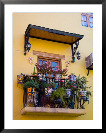 Decorative Pots On Window Balcony, Guanajuato, Mexico by Julie Eggers Pricing Limited Edition Print image