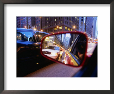 City Traffic Reflected In A Car Side Mirror, Chicago, Illinois, Usa by Ray Laskowitz Pricing Limited Edition Print image