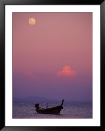 Full Moon And Sunset Behind Fishing Boat, Phi Phi Island, Thailand by Claudia Adams Pricing Limited Edition Print image