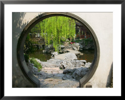 Zig Zag Stone Bridge And Willow Trees Through Moon Gate, Chinese Garden, China by Keren Su Pricing Limited Edition Print image