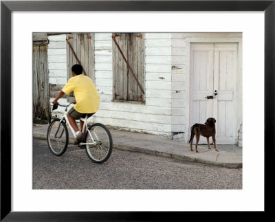 Boy Riding Bike In Front Of House, With Stray Dog, Belize City, Belize by Anthony Plummer Pricing Limited Edition Print image