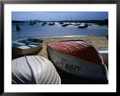 Pleasure Boats On Beach At Watson's Bay With Sydney City Skyline In Distance, Sydney, Australia by Glenn Beanland Pricing Limited Edition Print image