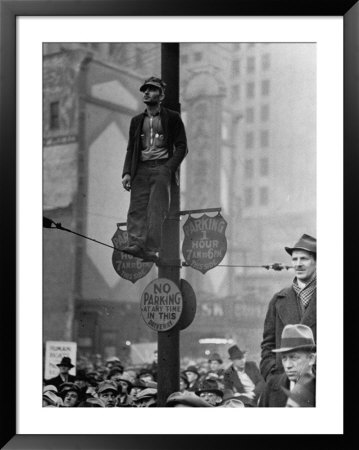 Automotive Union Member Watches From Private Perch During Mass Strike Demonstration by William Vandivert Pricing Limited Edition Print image
