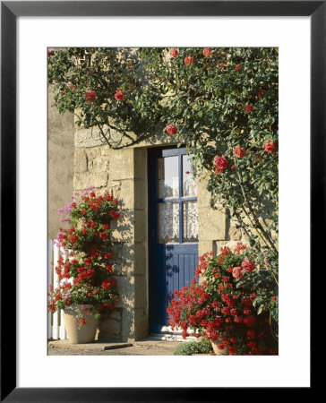 Exterior Of A Blue Door Surrounded By Red Flowers, Roses And Geraniums, St. Cado, Brittany, France by Ruth Tomlinson Pricing Limited Edition Print image