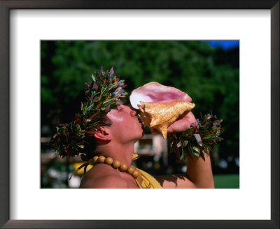 Man Blowing Conch Shell, Oahu, Hawaii by Lee Foster Pricing Limited Edition Print image