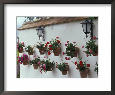 Geraniums Along White Wall Of Palacio De Mondragon, Ronda, Spain by John & Lisa Merrill Pricing Limited Edition Print image