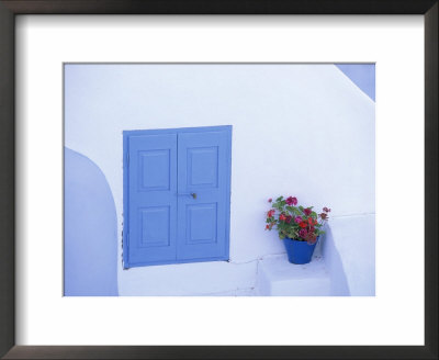 Architectural Detail Of Blue And White House, With Pot Of Geraniums, Oia (Ia), Aegean Sea, Greece by Sergio Pitamitz Pricing Limited Edition Print image