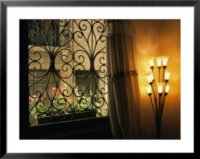 Looking Through Iron Filagree Window With Curtain, Lamp And Flower Box by Todd Gipstein Pricing Limited Edition Print image