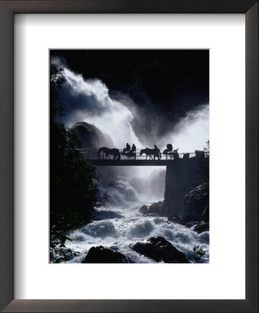 Pony Carts Crossing Bridge Over Waterfall And Rapids, Briksdal, Norway by Pershouse Craig Pricing Limited Edition Print image