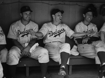 Dolph Camilli, Brooklyn Dodgers Manager Leo Durocher And Lyn Lary Sitting In Dugout, Ebbets Field by David Scherman Pricing Limited Edition Print image