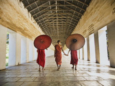 Three Young Monks Walking To A Monastery In Myanamar by Scott Stulberg Pricing Limited Edition Print image
