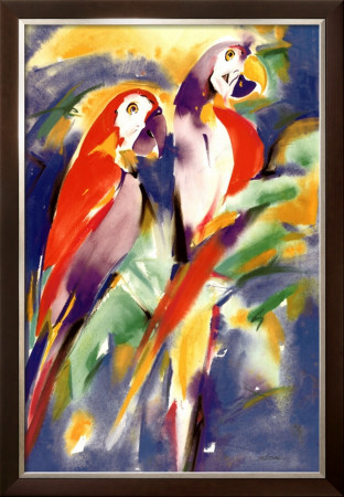 Red Parrots On Purple by Alfred Gockel Pricing Limited Edition Print image