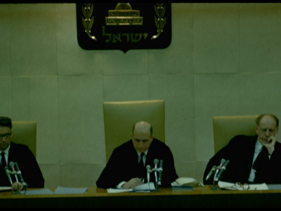 Judges Raveh, Landau And Halevi On Bench During War Crimes Trial Of Nazi Adolf Eichmann by Gjon Mili Pricing Limited Edition Print image