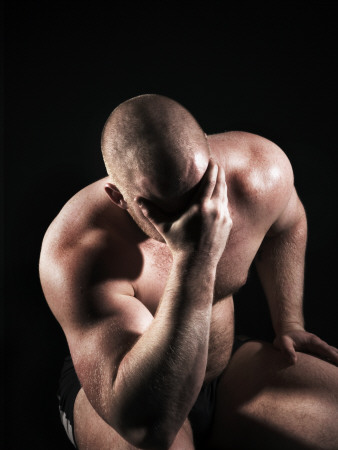 A Muscular, Naked Man Looking Worried by Gunnar Svanberg Skulasson Pricing Limited Edition Print image