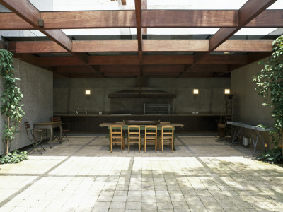 Casa Marrom, Sao Paulo, Outdoor Covered Dining Area And Kitchen, Architect: Isay Weinfeld by Alan Weintraub Pricing Limited Edition Print image