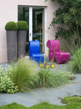 Grey Slate Path, Patio With Pink And Blue Modern Chairs And Planted Containers, Charlotte Sanderson by Clive Nichols Pricing Limited Edition Print image