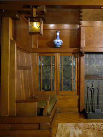 David B, Gamble House, Pasadena, California, Iglenook Bench And Leaded Glass Cabinet Door by Mark Fiennes Pricing Limited Edition Print image