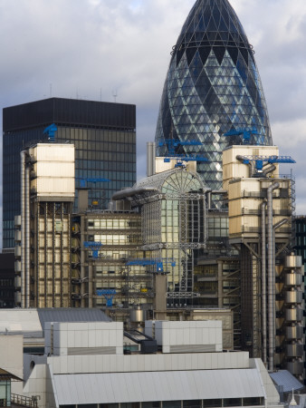 Swiss Re Headquarters, 30 St Mary Axe, (The Gherkin) London, With Lloyds Building by Peter Durant Pricing Limited Edition Print image