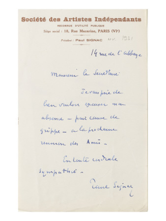 Lettre Autographe À Jean Sergent, Novembre 1931 by Paul Signac Pricing Limited Edition Print image