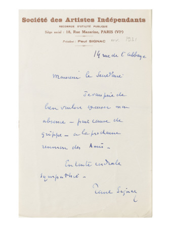 Lettre Autographe A Jean Sergent, Novembre 1931 by Paul Signac Pricing Limited Edition Print image