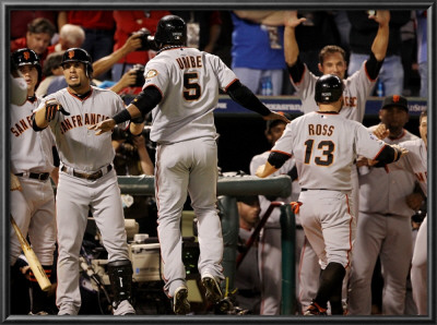 Texas Rangers V. San Francisco Giants, Game 5: Giants Celebrate An Edgar Renteria Three-Run Home Ru by Ronald Martinez Pricing Limited Edition Print image