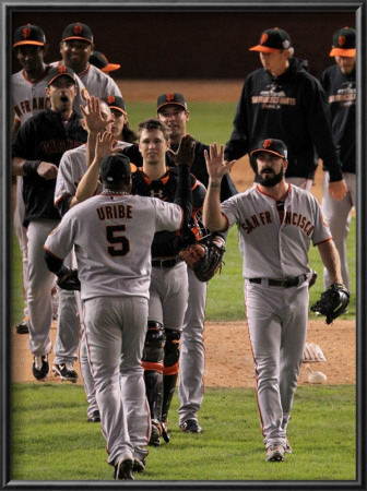 San Francisco Giants V Texas Rangers, Game 4: Brian Wilson,Juan Uribe,Buster Posey by Doug Pensinger Pricing Limited Edition Print image