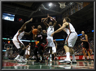 Miami Heat V Milwaukee Bucks: Dwyane Wade, Larry Sanders, John Salmons And Andrew Bogut by Jonathan Daniel Pricing Limited Edition Print image