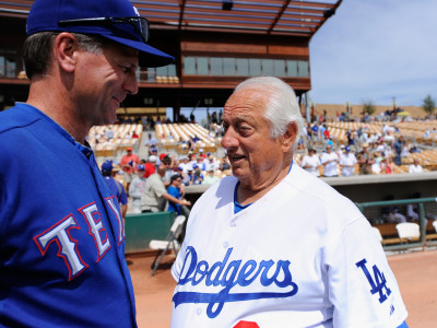 Texas Rangers V Los Angeles Dodgers, Glendale, Az - March 15: Tommy Lasorda And Dave Anderson by Kevork Djansezian Pricing Limited Edition Print image