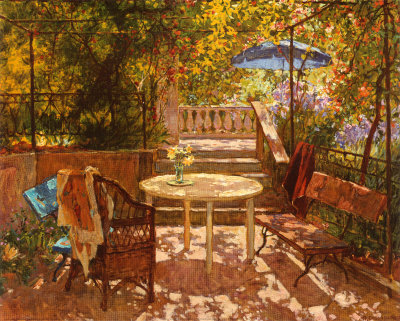 Garden Table With Blue Umbrella by Piotr Stolerenko Pricing Limited Edition Print image