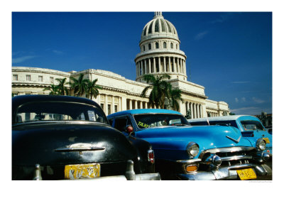 Classic American Taxi Cars Parked In Front Of National Capital Building, Havana, Cuba by Martin Lladó Pricing Limited Edition Print image