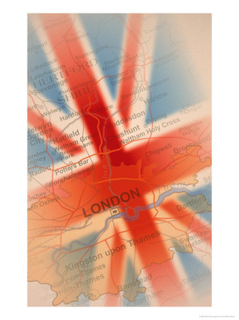 Map Highlighting London And British Flag by Carol & Mike Werner Pricing Limited Edition Print image