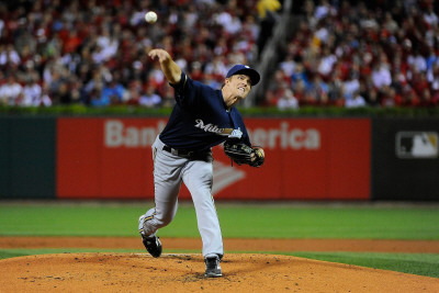 Milwaukee Brewers V St Louis Cardinals - Game Five, St Louis, Mo - October 14: Zack Greinke by Pool Pricing Limited Edition Print image