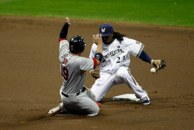 St Louis Cardinals V Milwaukee Brewers - G. Six, Milwaukee, Wi - Oct. 16: Jon Jay And Rickie Weeks by Scott Boehm Pricing Limited Edition Print image