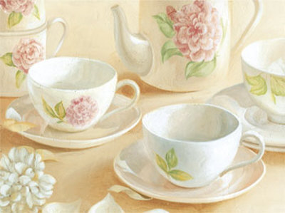 Cups And Saucers With Pink Flowers by David Col Pricing Limited Edition Print image