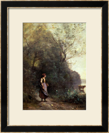 A Peasant Woman Grazing A Cow At The Edge Of A Forest by Jean-Baptiste-Camille Corot Pricing Limited Edition Print image