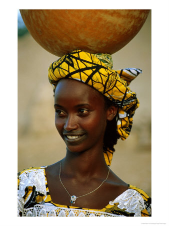 Smiling Peul (Or Fula) Woman Balancing Calabash On Her Head, Djenne, Mali by Ariadne Van Zandbergen Pricing Limited Edition Print image