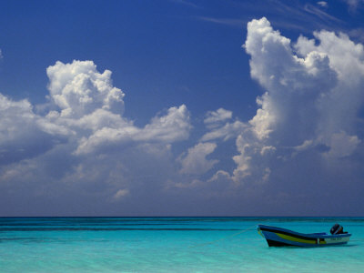 Boat Moored Off Beach,Quitana Roo, Mexico by Jon Davison Pricing Limited Edition Print image